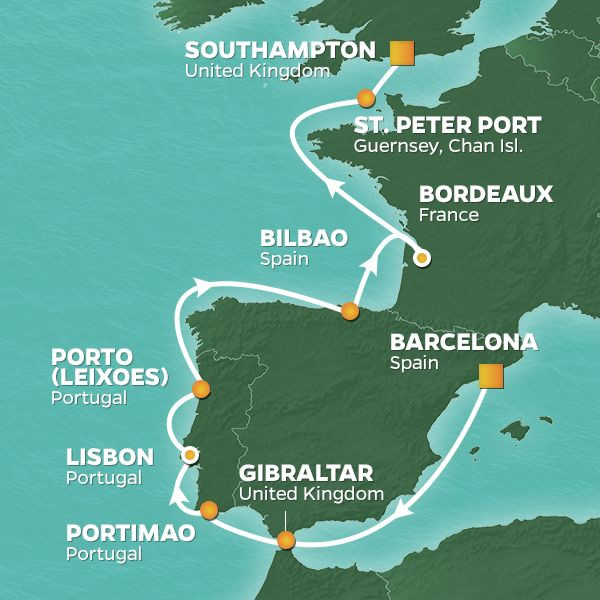 2020 Spain, Portugal and France Golf Cruise Map